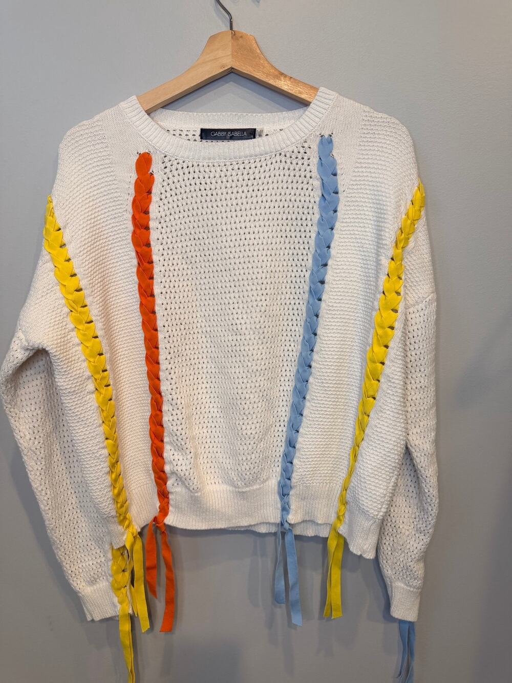 Gabby Isabella White Open Knit Braided Ribbon Popover Sweater Indie Style Size L